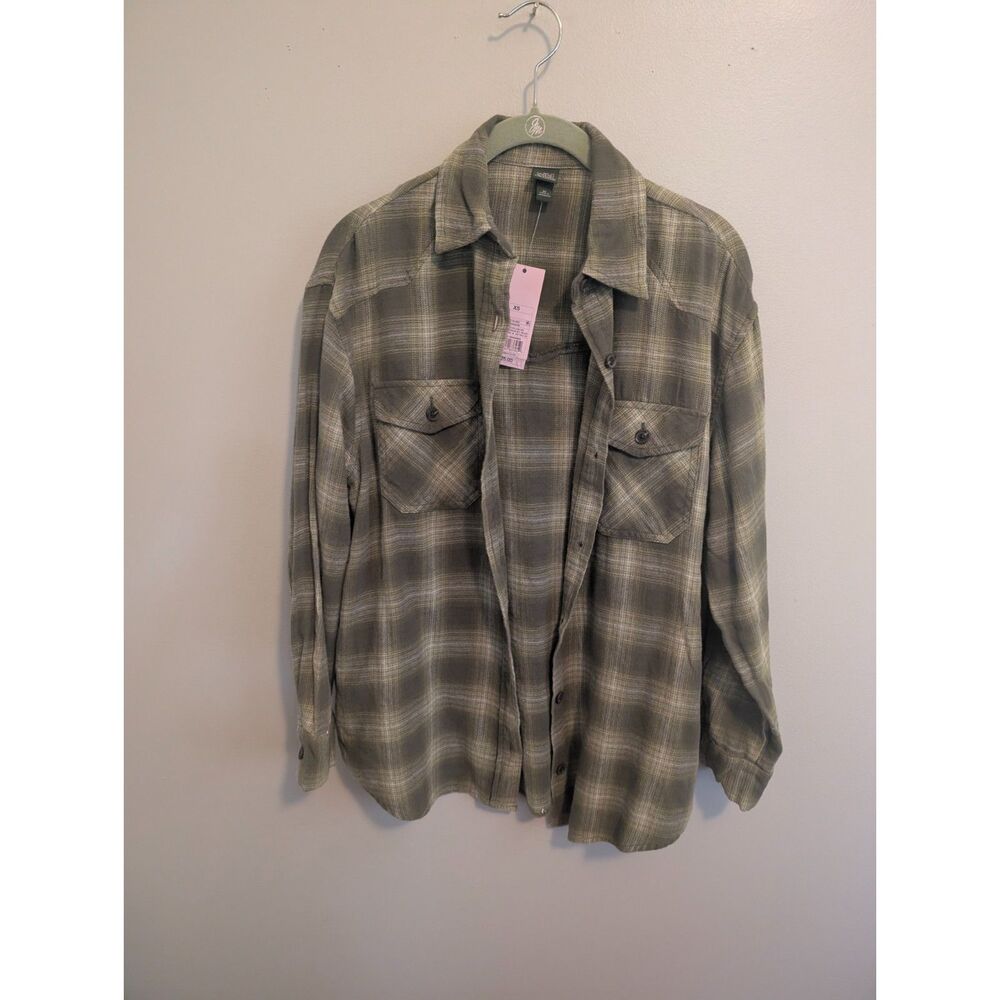 Wild Fable Women's Oversized Plaid Flannel Button Down Shirt-Olive/Green Size XS